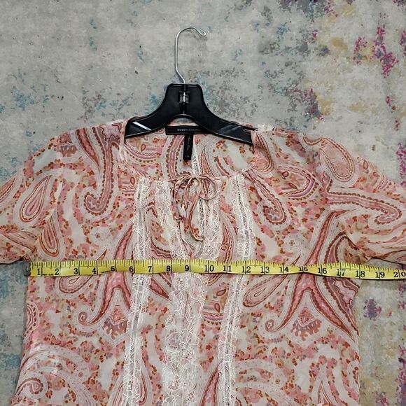 BCBGMaxAzria 100% Silk Cerise Pink Clay Combo Sheer Blouse Size XXS - Picture 9 of 13